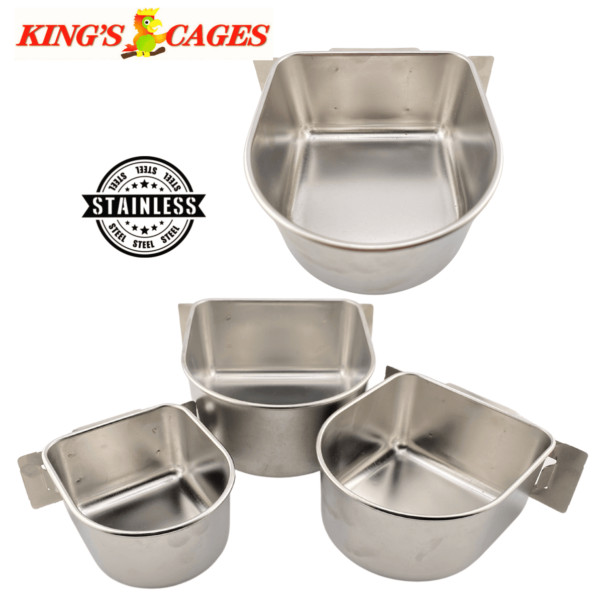 Kings Cages Stainless Steel "D" Cups 8-10-20 Ounce Treat-Seed-Water Feeders