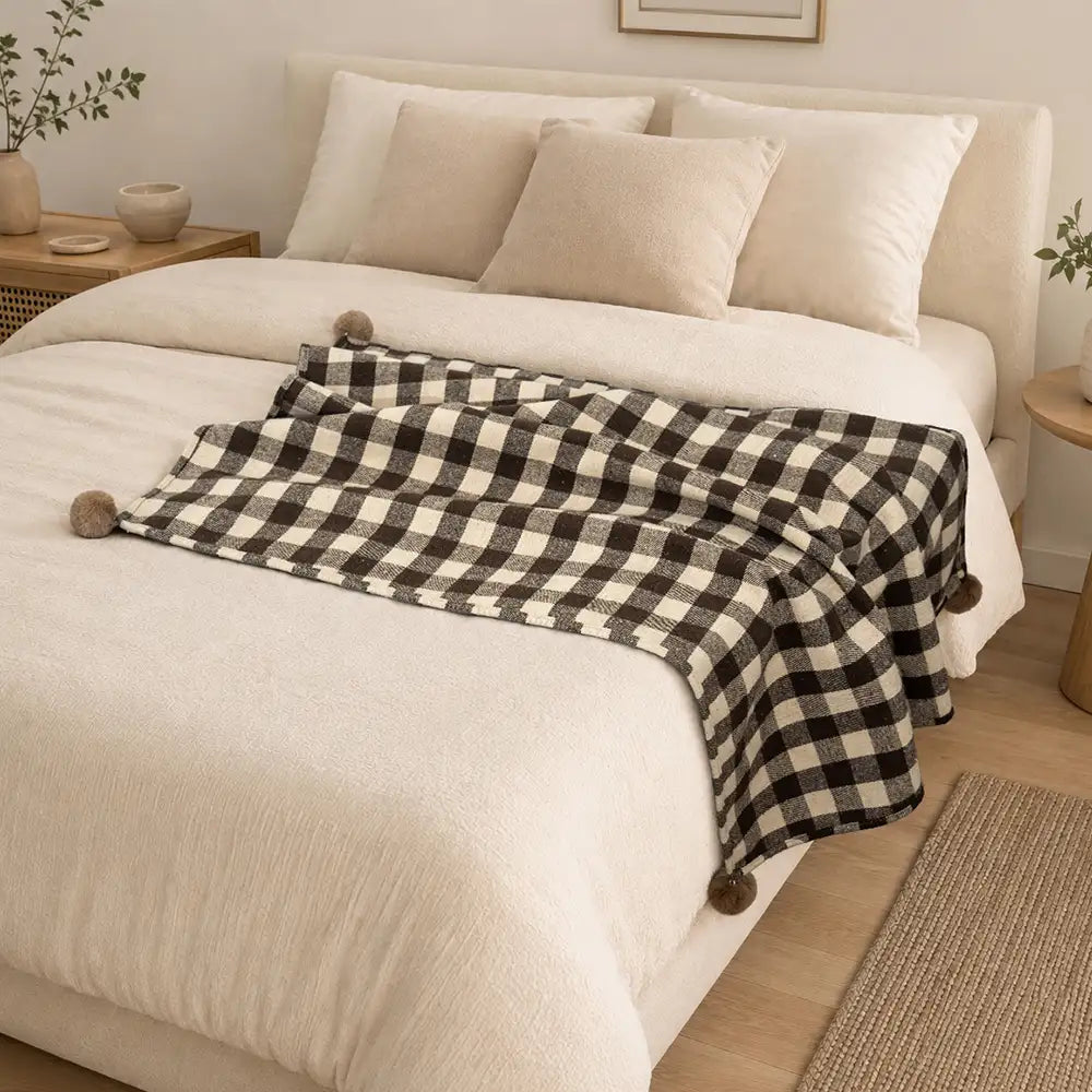 Cozy Reversible Plaid Plush Pet Throw Blanket with Pom-Poms