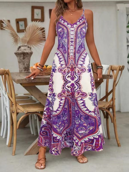 💕Limited Sale 60% OFF🎁Women’s Retro Print V-Neck Sleeveless Maxi Dress