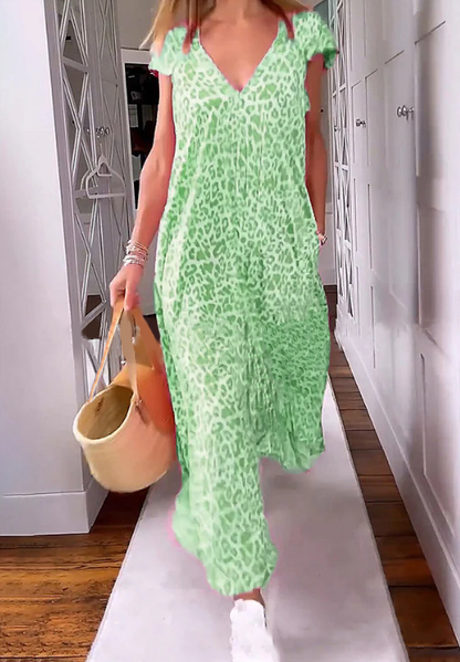 🌸Spring Sale 50% OFF🍒V-neck Printed Short-sleeved Long Dress