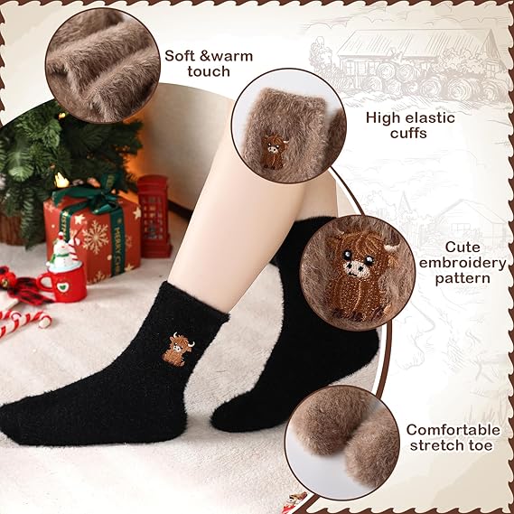 🎁New Year Special Deals £9.99!!⚡Buy 1 Get 3 Pairs⚡50K+ SOLD!💖Women's Cute Warm Highland Cow Embroidered Plush Socks