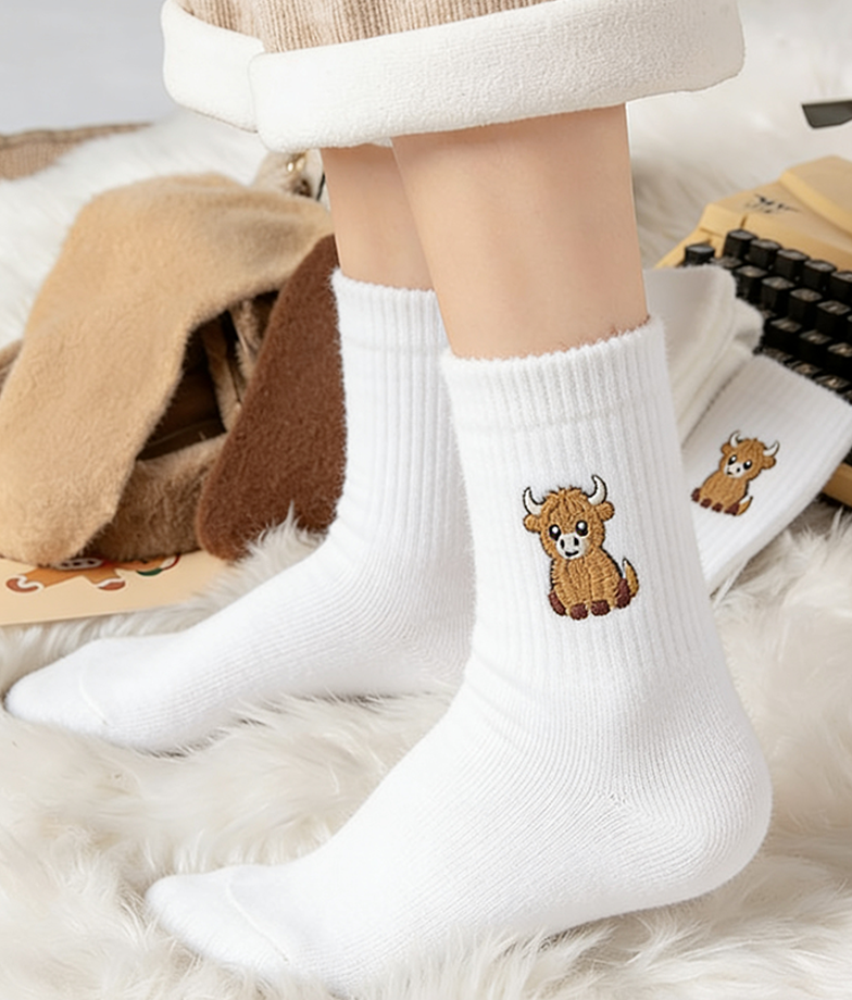 🎁New Year Special Deals £9.99!!⚡Buy 1 Get 3 Pairs⚡50K+ SOLD!💖Women's Cute Warm Highland Cow Embroidered Plush Socks