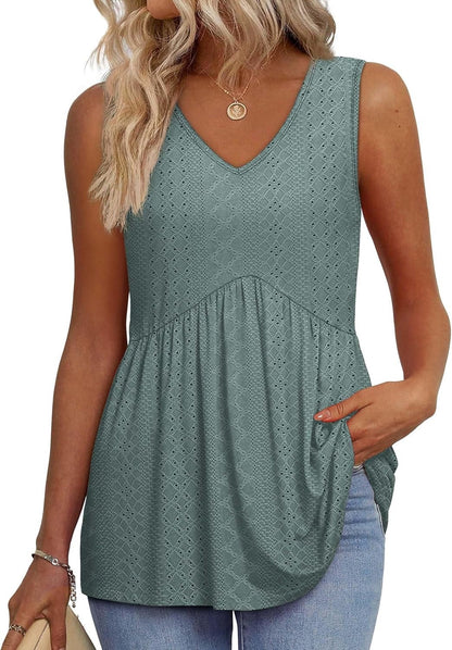 🌞HOT SALE 49% OFF👚Women's Print Flowy Sleeveless V Neck Peplum Tank Tops
