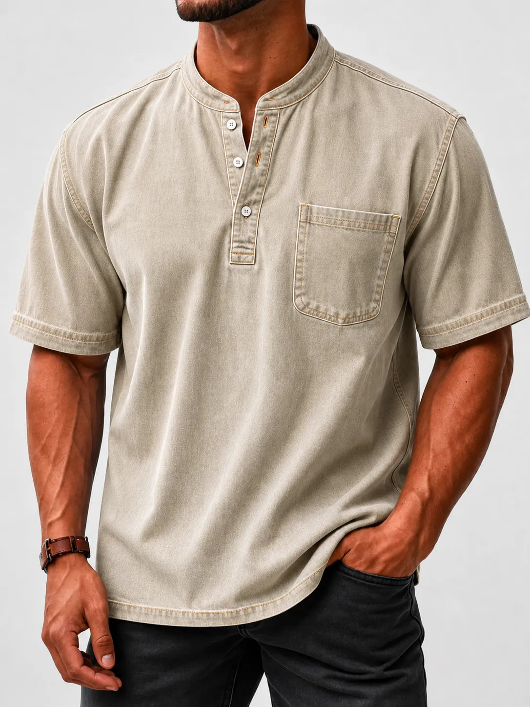 Limited Deal 8-Pack Men's Washed Stand Collar Henley Shirts, Short Sleeve Relaxed Fit Pocket Tops