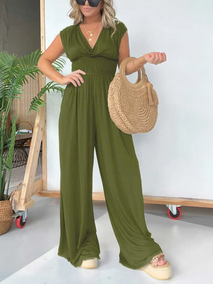 🔥V-Neckline Wide Leg Jumpsuit with Adjustable Back Tie