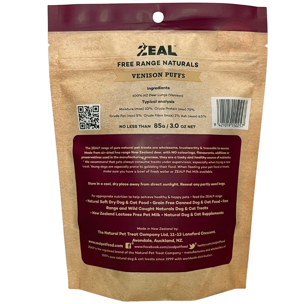 Zeal Free Range Naturals Venison Puffs Pet Treats 85g