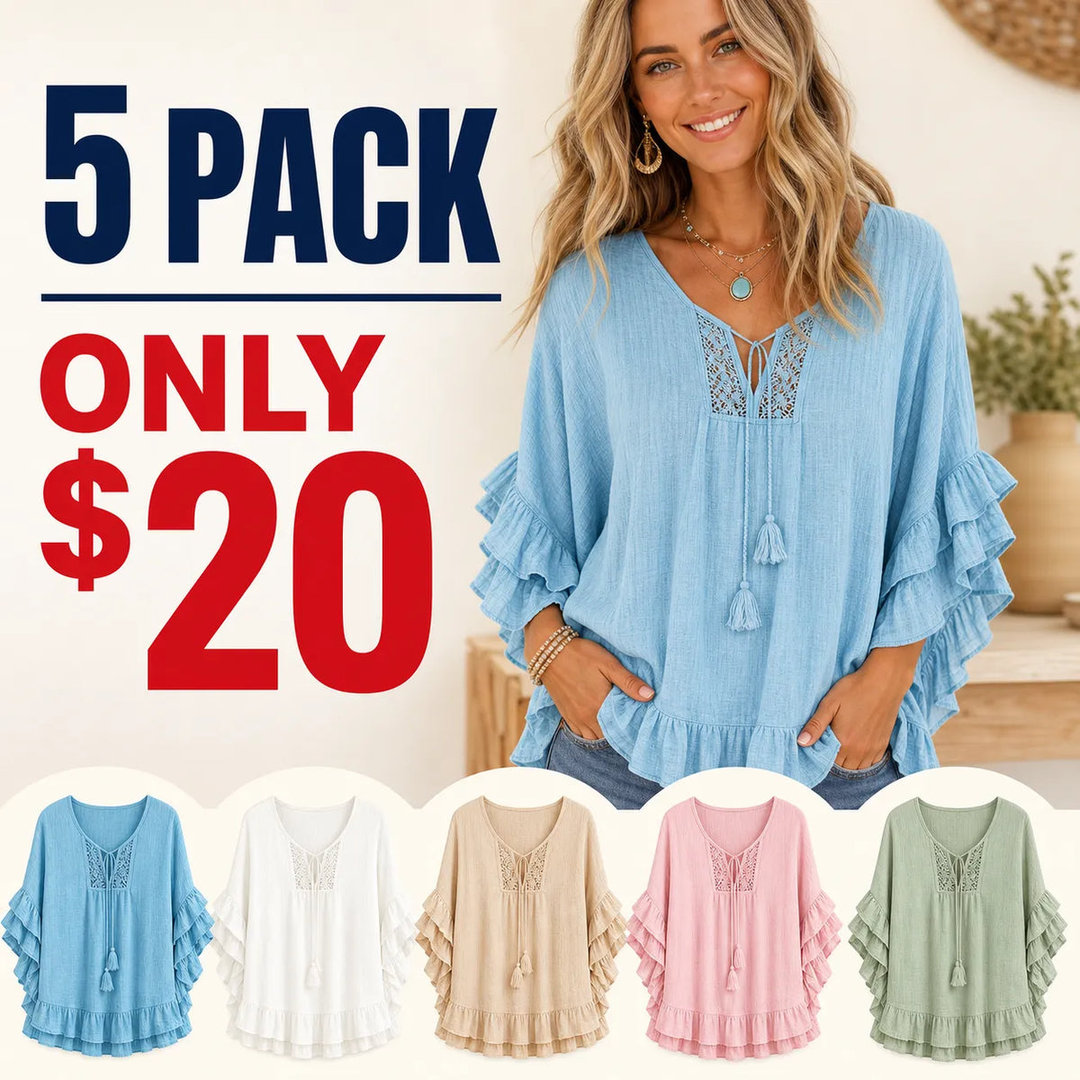 ⏰ ⚡10 Pack for $28⚡Women's Boho Ruffle Lace Tie-Neck Blouse