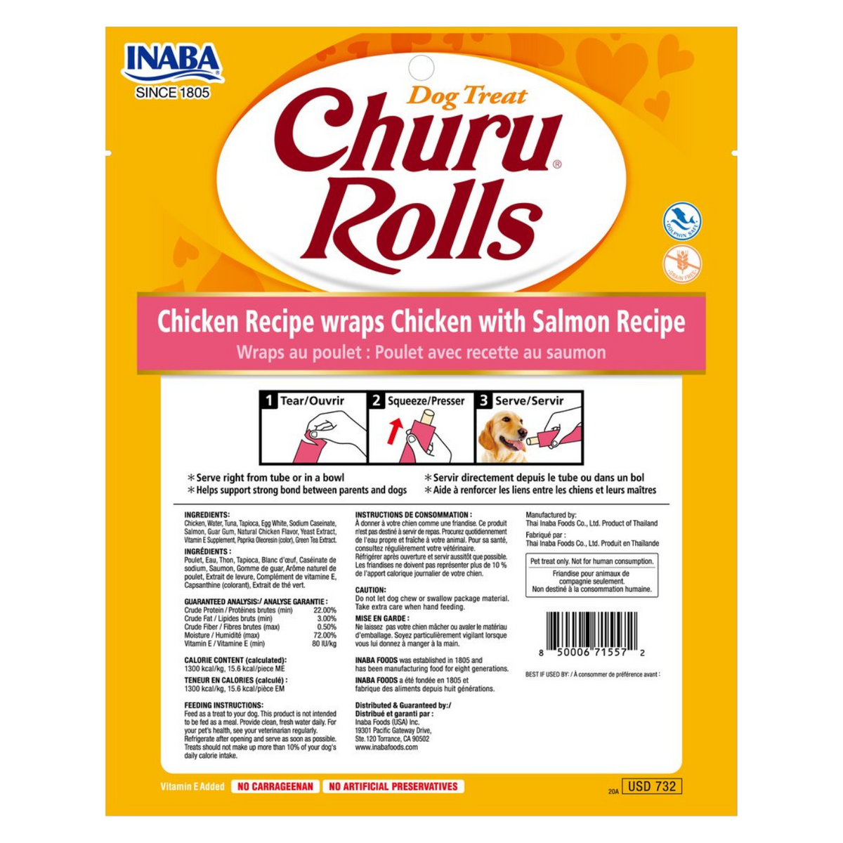 Inaba Dog Treat Churu Rolls Chicken Wraps with Salmon