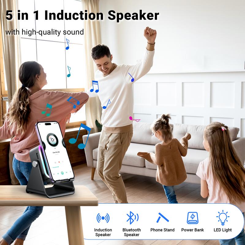 🎶Limited Sale 50% OFF📱 5-in-1 Wireless Induction Bluetooth Speaker with Adjustable Phone Stand
