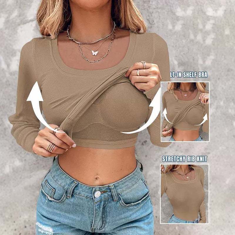 💥LAST DAY SPECIAL PRICE: ￡14.99!!🎁🔥Neck Built-in Bra Long Sleeve Ribbed Top Shirts Elegant Skinny Fit Fabric