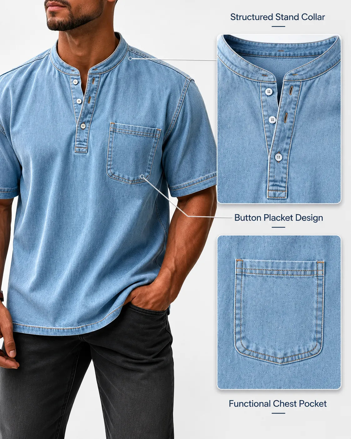 Limited Deal 8-Pack Men's Washed Stand Collar Henley Shirts, Short Sleeve Relaxed Fit Pocket Tops