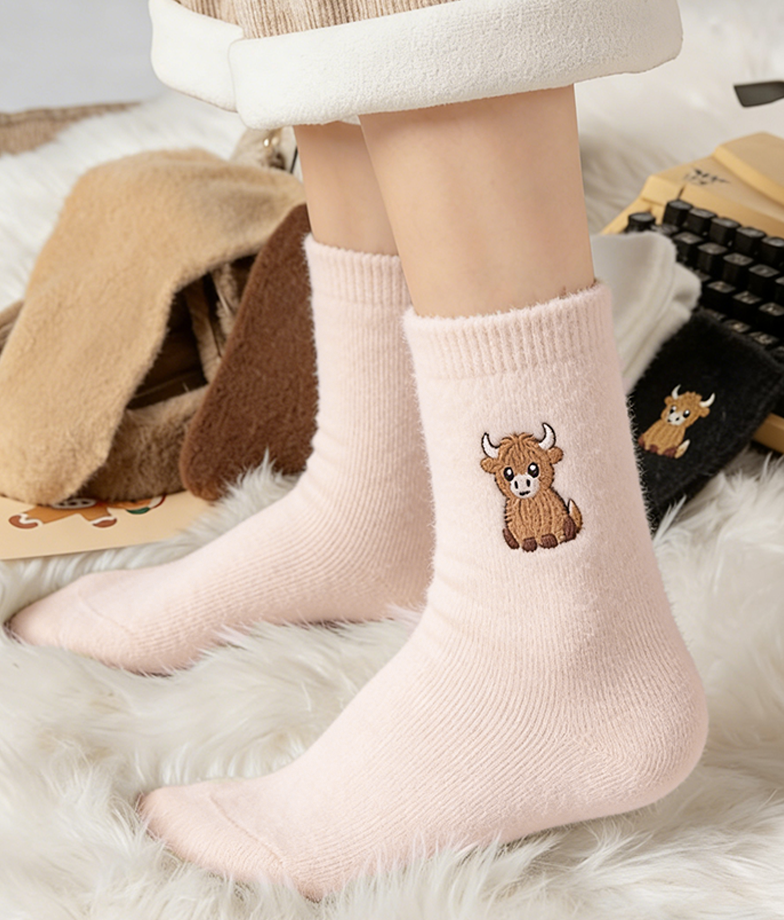 🎁New Year Special Deals £9.99!!⚡Buy 1 Get 3 Pairs⚡50K+ SOLD!💖Women's Cute Warm Highland Cow Embroidered Plush Socks