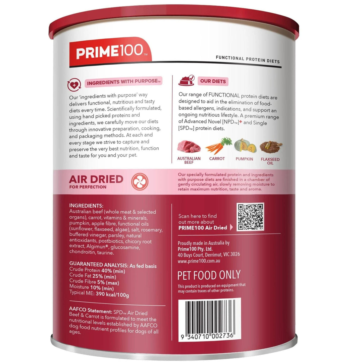 Prime100 SPD Air Dried Dog Food Beef & Carrot