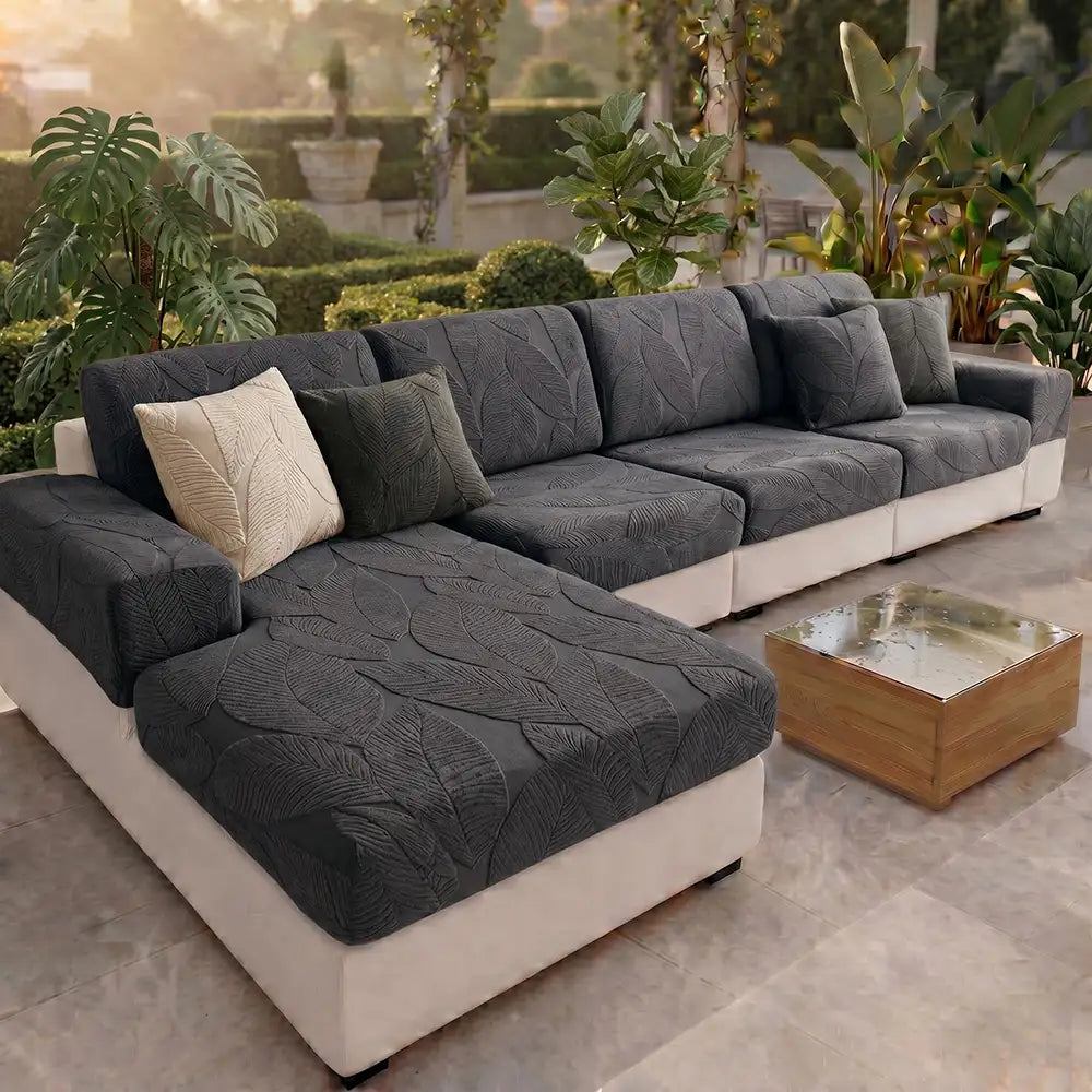 Modern Leaf Jacquard Water-Repellent Anti-Scratch Stretch Full Wrap Sectional Couch Cover