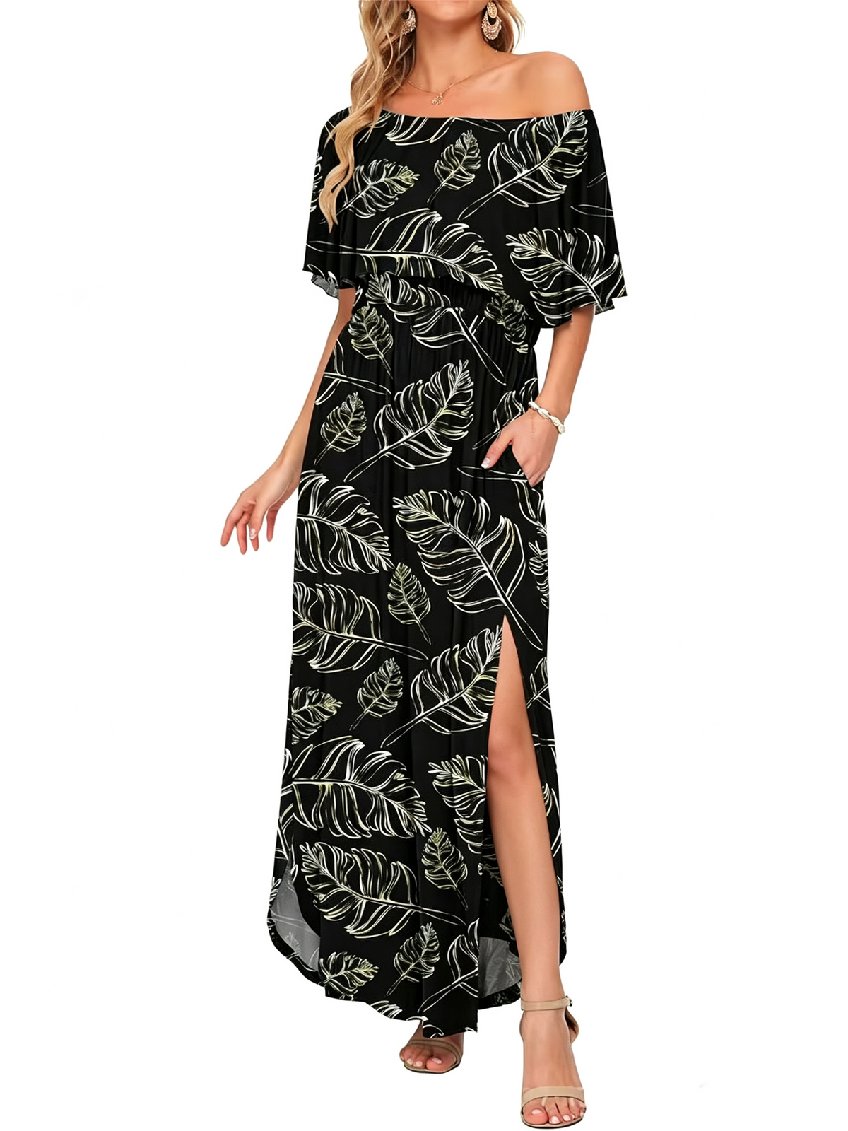 ⏰Last Day Sale 50% OFF💃Women's Off-Shoulder Ruffled Side-Slit Maxi Dress with Pockets ✨
