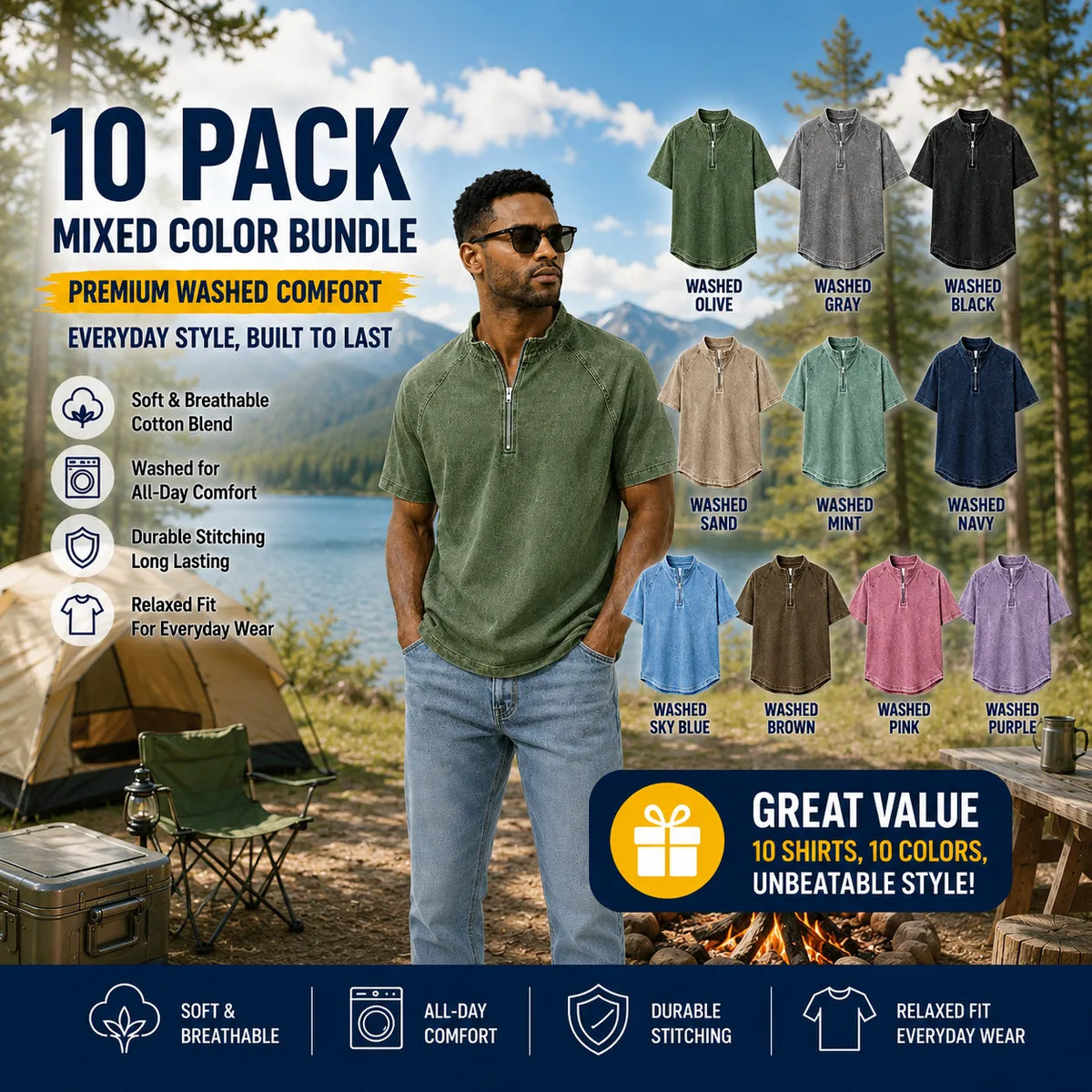 Men's Casual Quarter-Zip Stand Collar Short Sleeve Tee