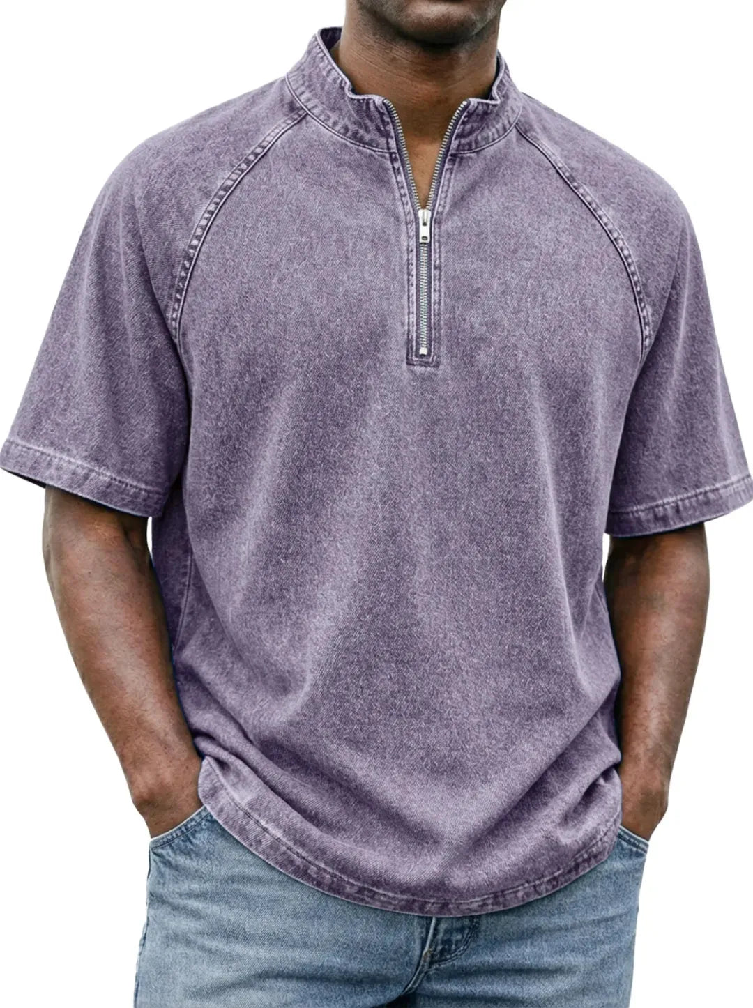 Men's Casual Quarter-Zip Stand Collar Short Sleeve Tee
