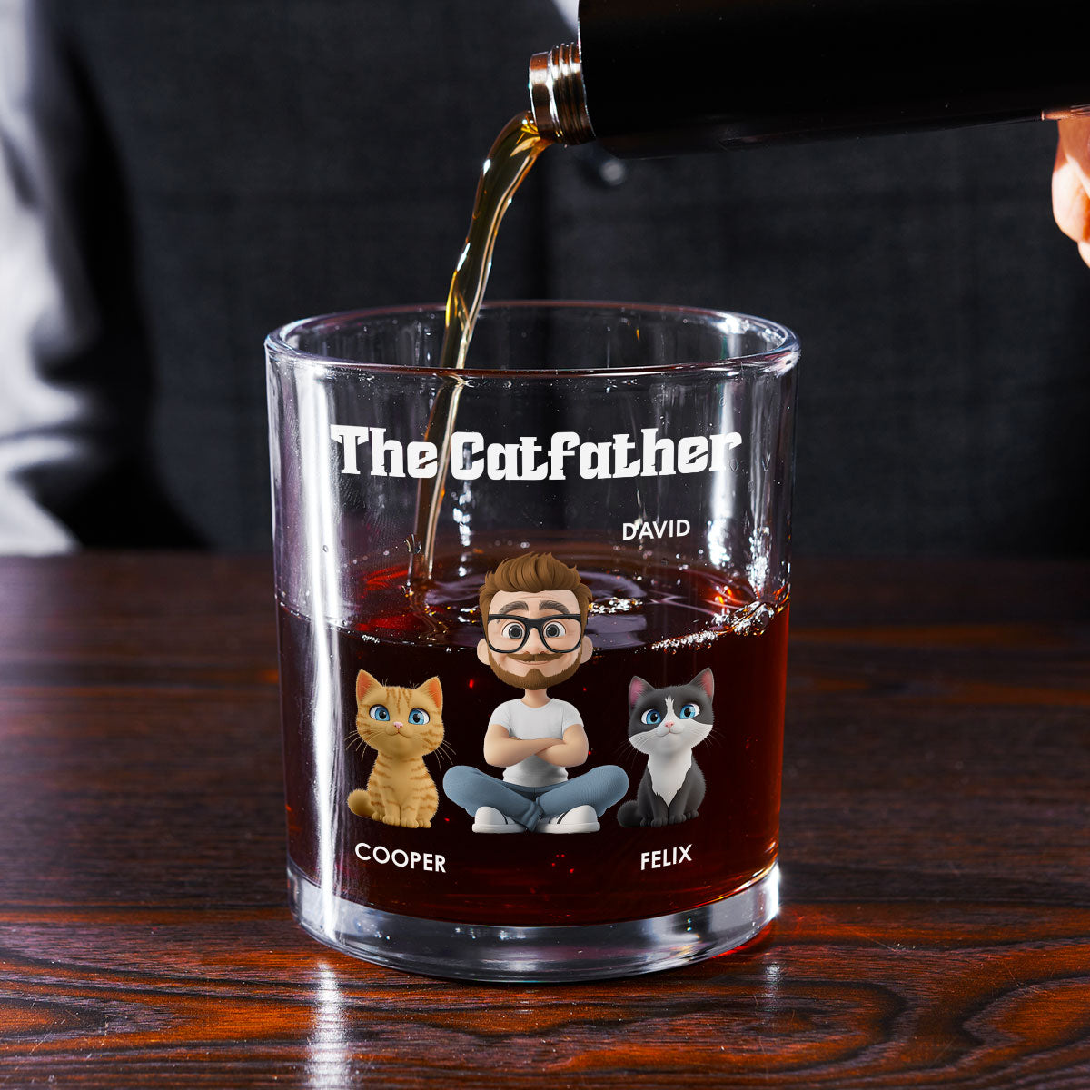 The Catfather Cartoon - Personalized Whiskey Glass