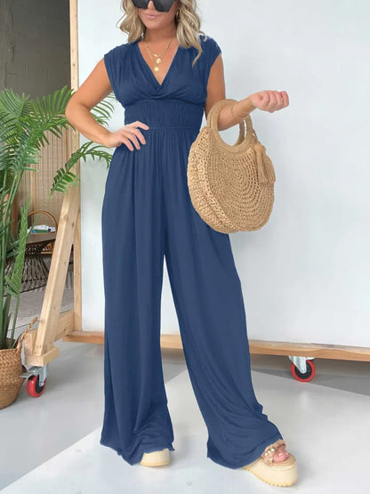 🔥V-Neckline Wide Leg Jumpsuit with Adjustable Back Tie