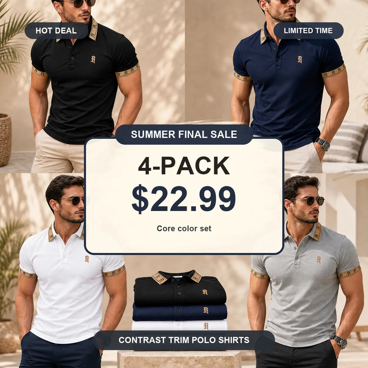 ⚡12 Pack for $38⚡- Men's Contrast Trim Monogram Short Sleeve Polo Shirt
