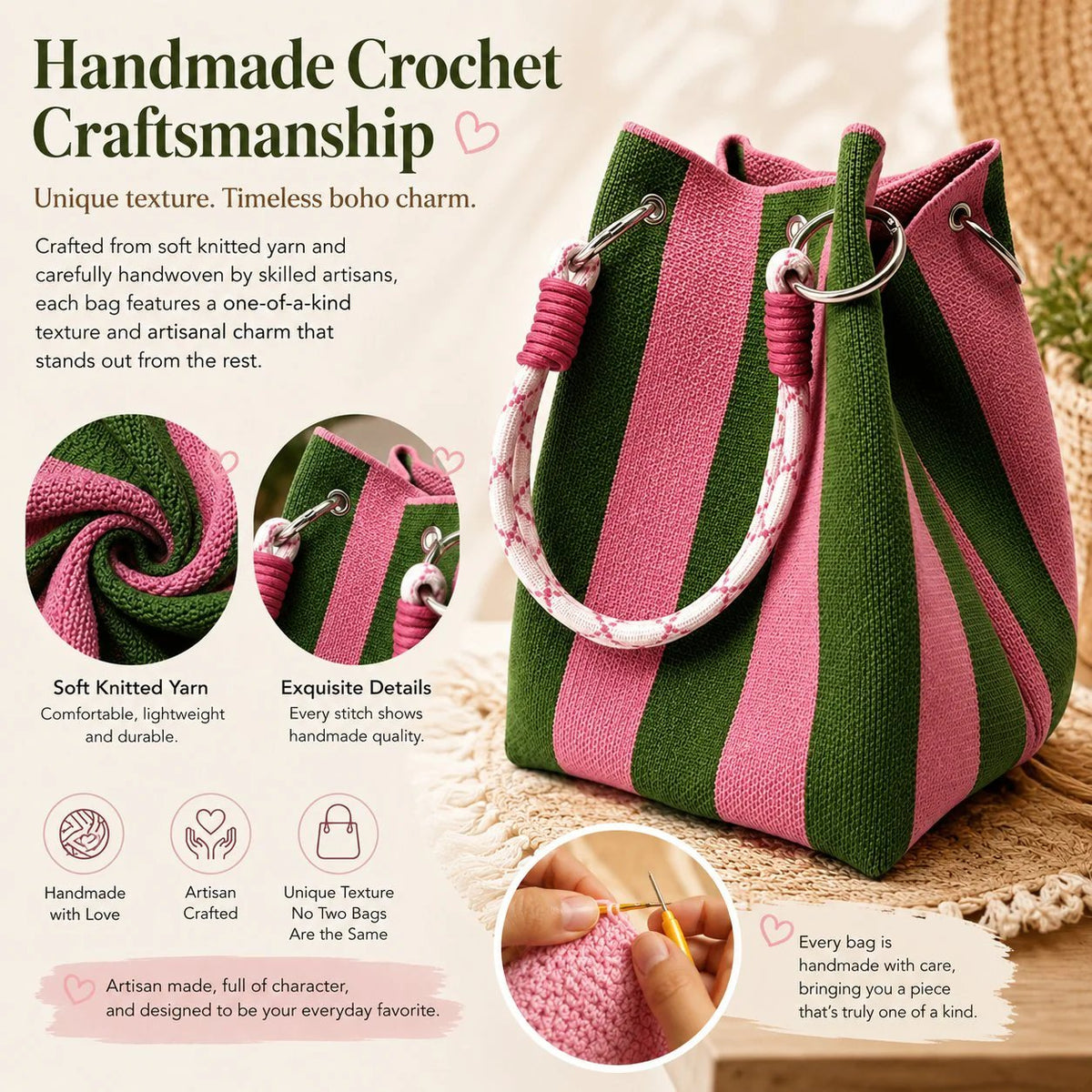 🏆 Limited-Time Sale: 60% OFF 🌴 Boho Striped Knit Bucket Handbag for Women – Handmade Summer Beach Shoulder Bag