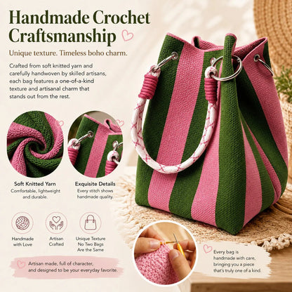 🏆 Limited-Time Sale: 60% OFF 🌴 Boho Striped Knit Bucket Handbag for Women – Handmade Summer Beach Shoulder Bag