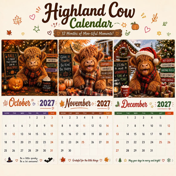 🔥LAST DAY SALE ONLY ￡6.99!!📅🐂2027 Funny Highland Cow Wall Calendar | A4 Hanging Calendar | Designed by Isabel Kline