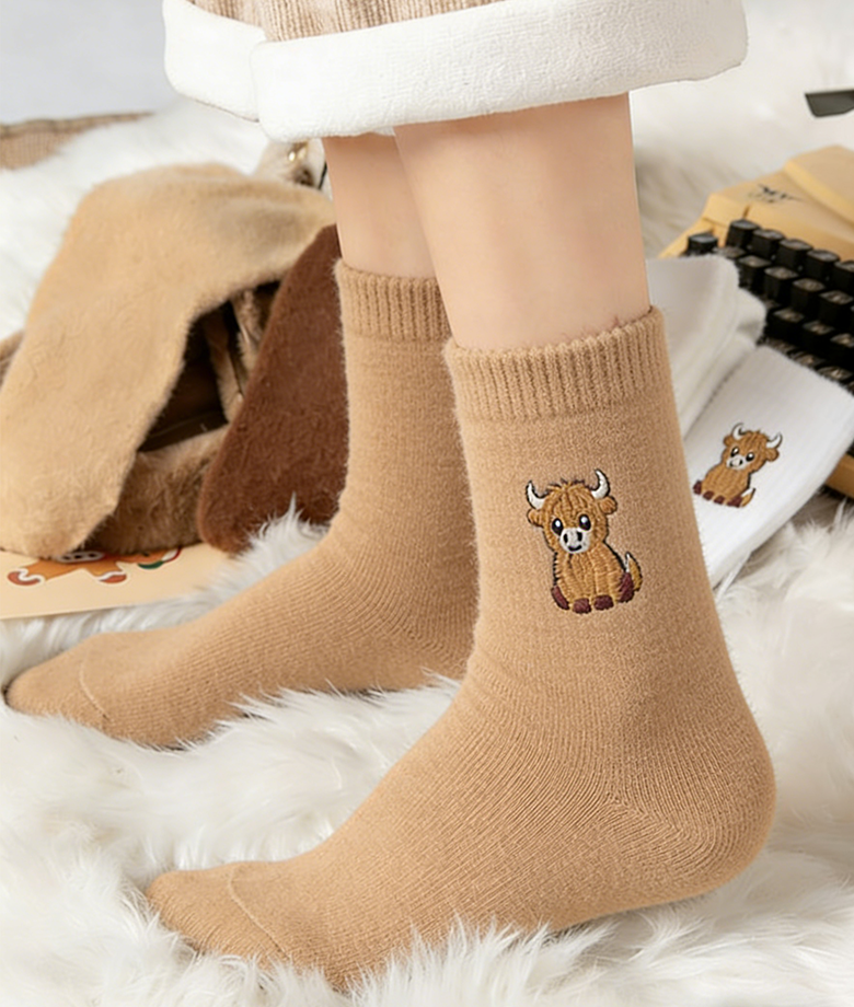 🎁New Year Special Deals £9.99!!⚡Buy 1 Get 3 Pairs⚡50K+ SOLD!💖Women's Cute Warm Highland Cow Embroidered Plush Socks