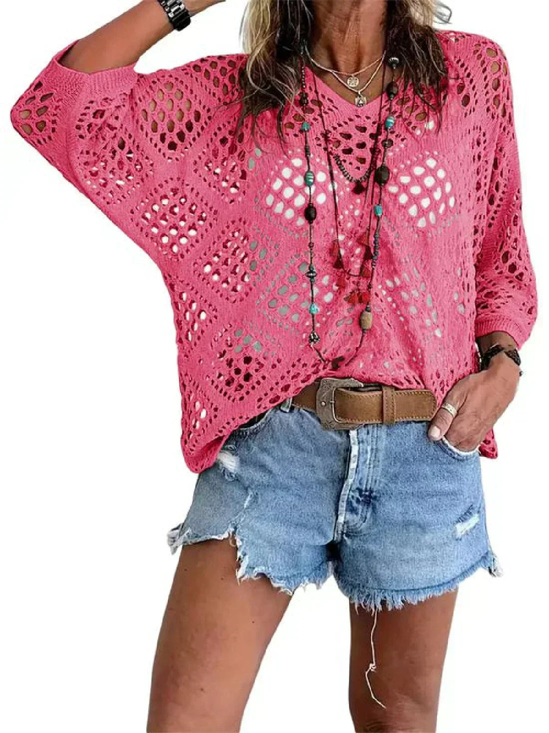💐Spring Day Sale - Only £14.99!!⚡50K+ SOLD!✨Womens Bohemian-Inspired Beige Crochet Top with V-Neck