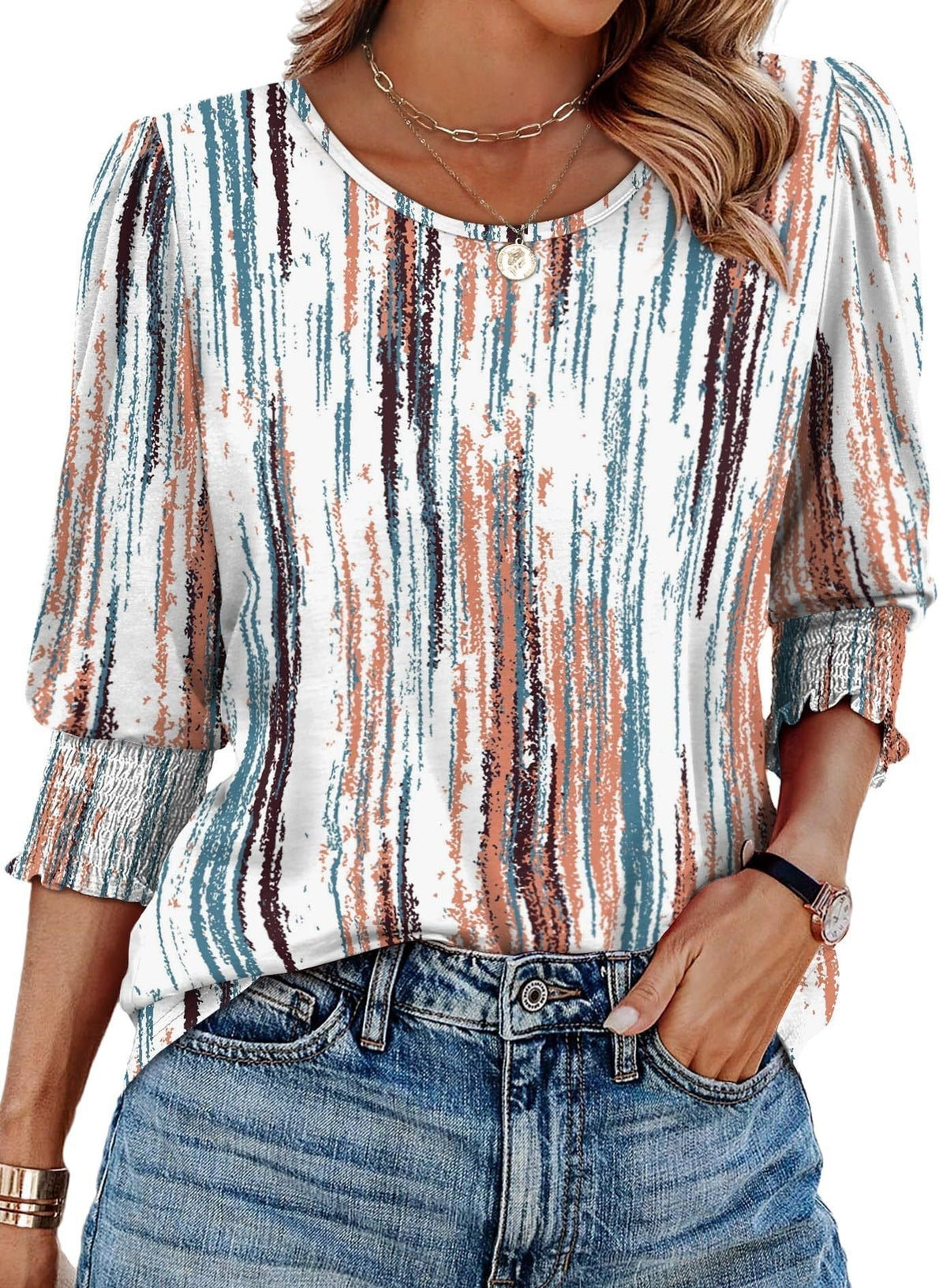 ⏰Limited Time Sale-50% OFF🏖️Women Dressy Casual 3/4 Length Sleeve Blouses with Smocked Cuffs