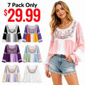 Women's Retro Rose Art Embroidery Color Block Comfortable Cotton Linen Long Sleeve Top
