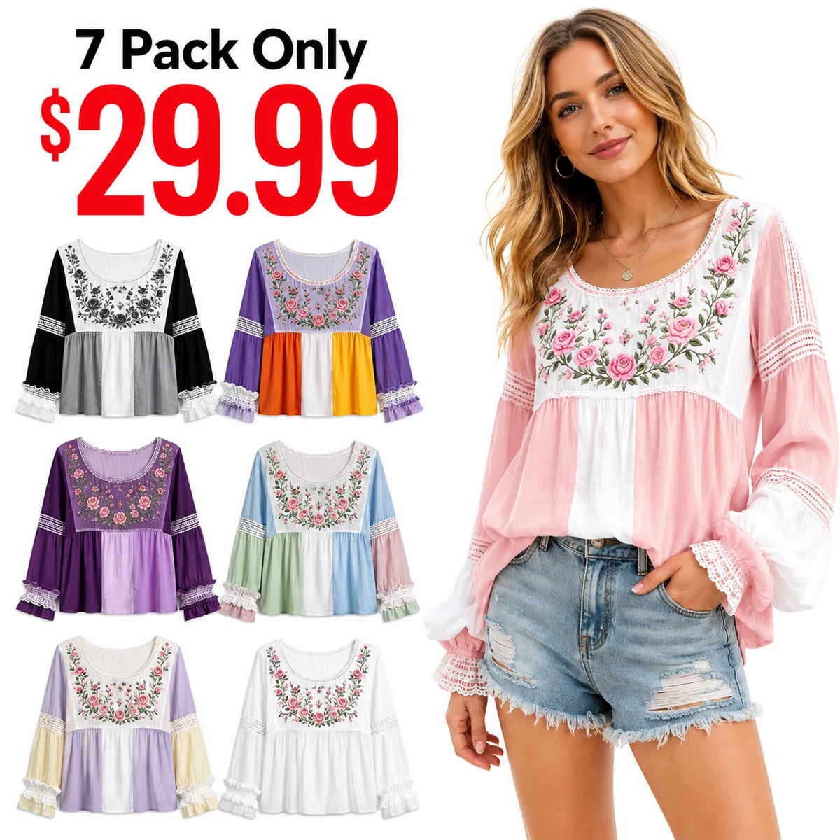 Women's Retro Rose Art Embroidery Color Block Comfortable Cotton Linen Long Sleeve Top