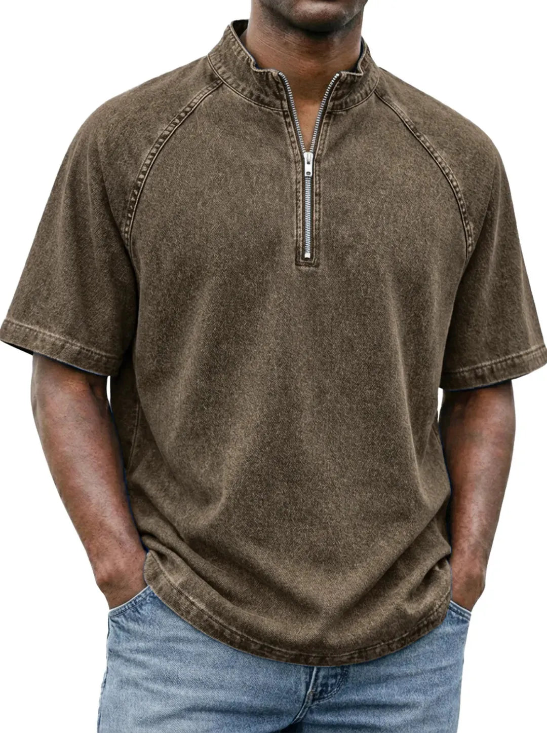 Men's Casual Quarter-Zip Stand Collar Short Sleeve Tee