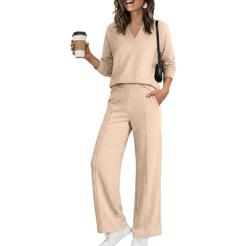 🌹LIMITED-TIME 70% OFF! 🌹Women's 2 Piece Outfits V Neck Lounge Set | Raglan Long Sleeve Top & Wide Leg Pants