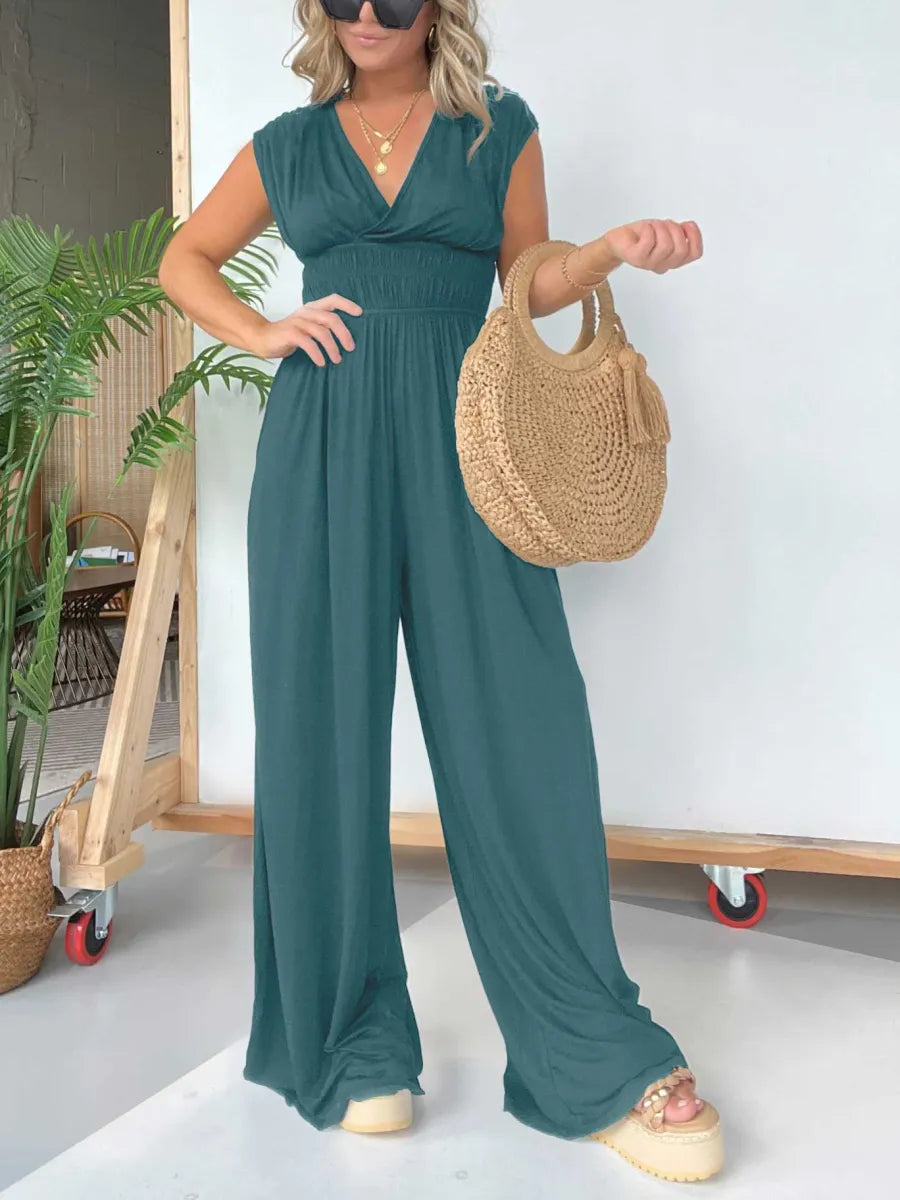 🔥V-Neckline Wide Leg Jumpsuit with Adjustable Back Tie