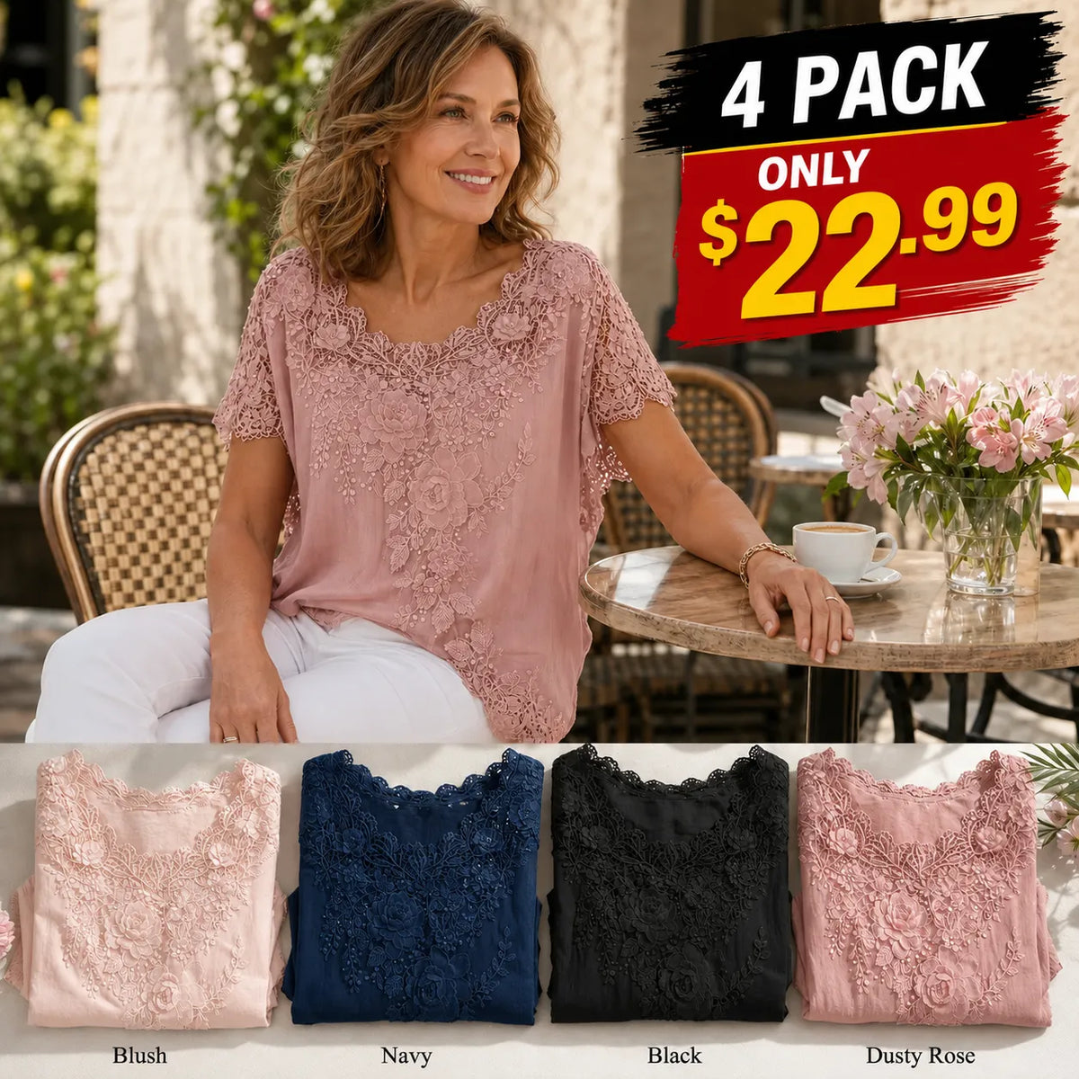 8 Pack Only$29.99-Women's Lace Embroidered Short Sleeve Top