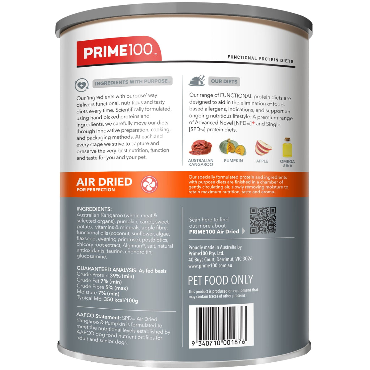 Prime100 SPD Air Dried Dog Food for Adult Kangaroo & Pumpkin