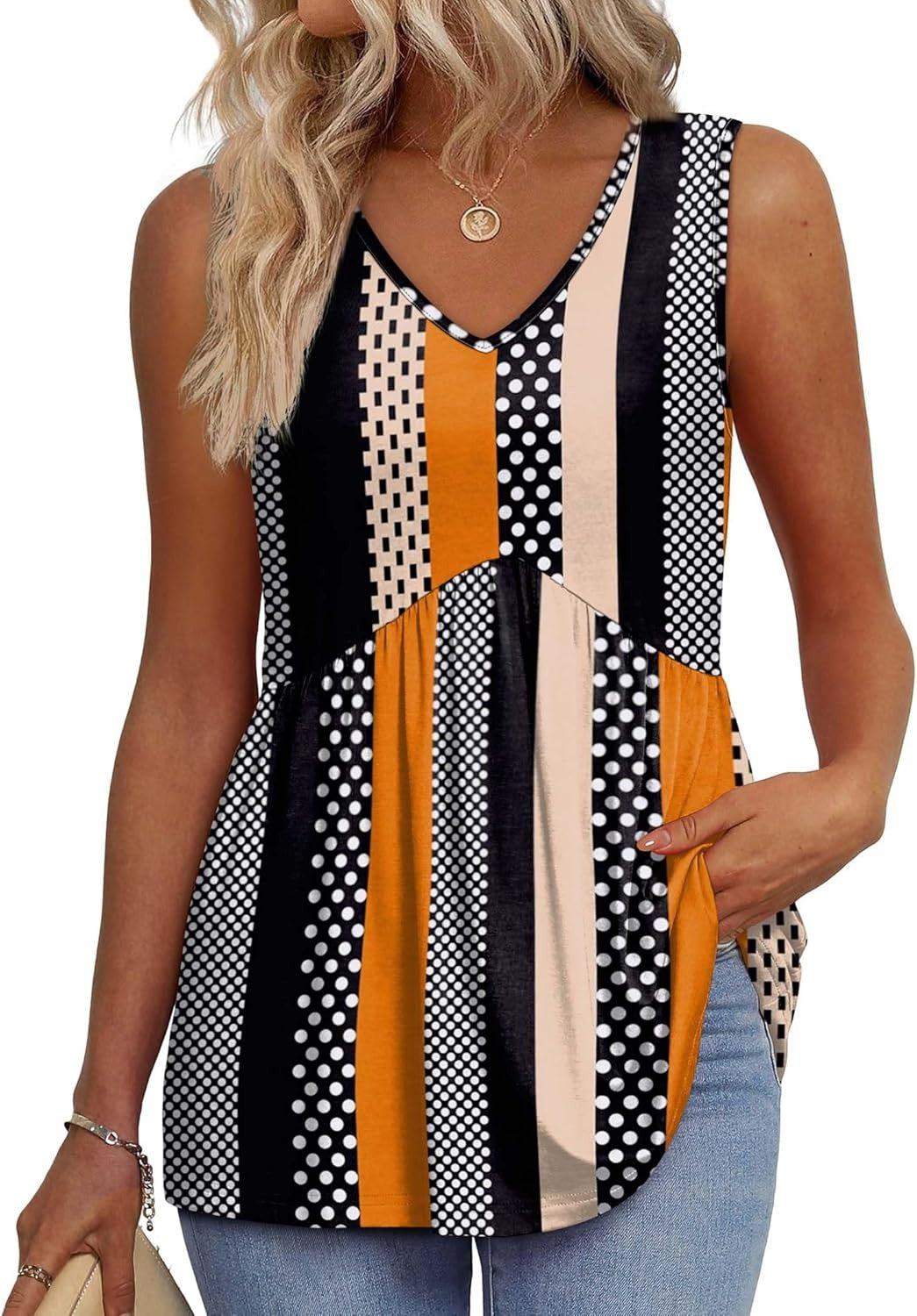 🌞HOT SALE 49% OFF👚Women's Print Flowy Sleeveless V Neck Peplum Tank Tops