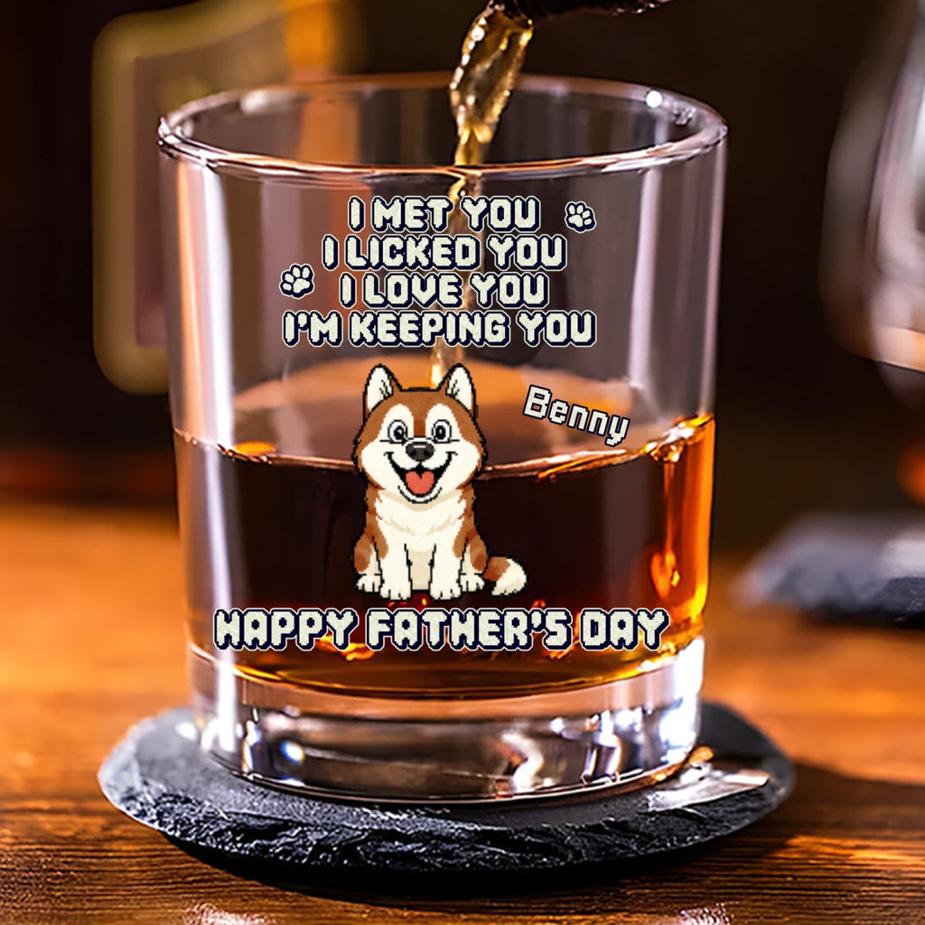 Pixel Dog Sitting Woof Dad - Personalized Whiskey Glass