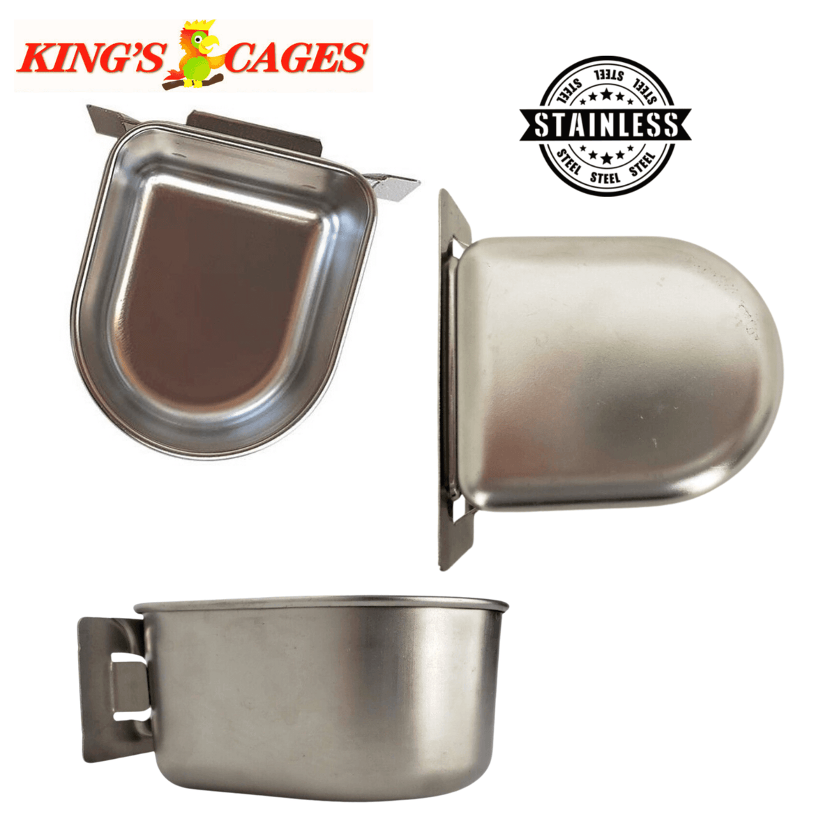Kings Cages Stainless Steel "D" Cups 8-10-20 Ounce Treat-Seed-Water Feeders