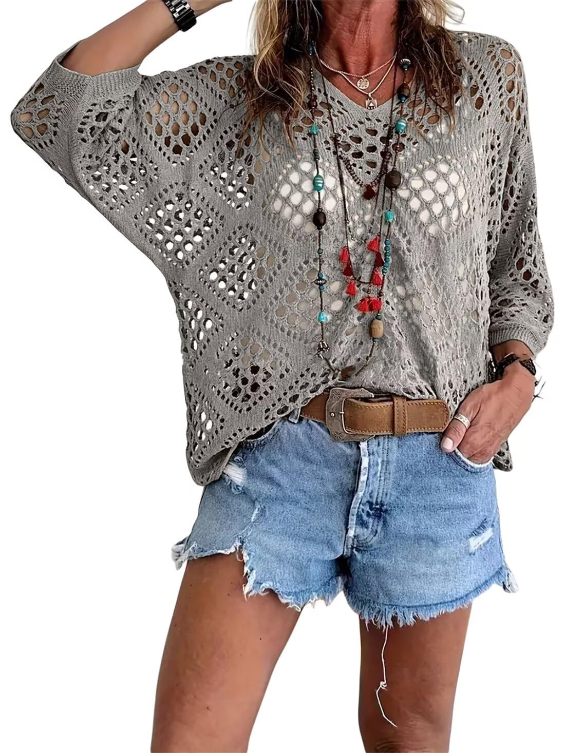 💐Spring Day Sale - Only £14.99!!⚡50K+ SOLD!✨Womens Bohemian-Inspired Beige Crochet Top with V-Neck