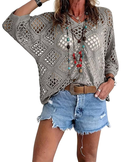 💐Spring Day Sale - Only £14.99!!⚡50K+ SOLD!✨Womens Bohemian-Inspired Beige Crochet Top with V-Neck