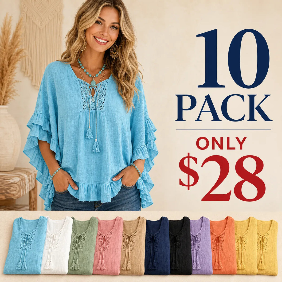 ⏰ ⚡10 Pack for $28⚡Women's Boho Ruffle Lace Tie-Neck Blouse