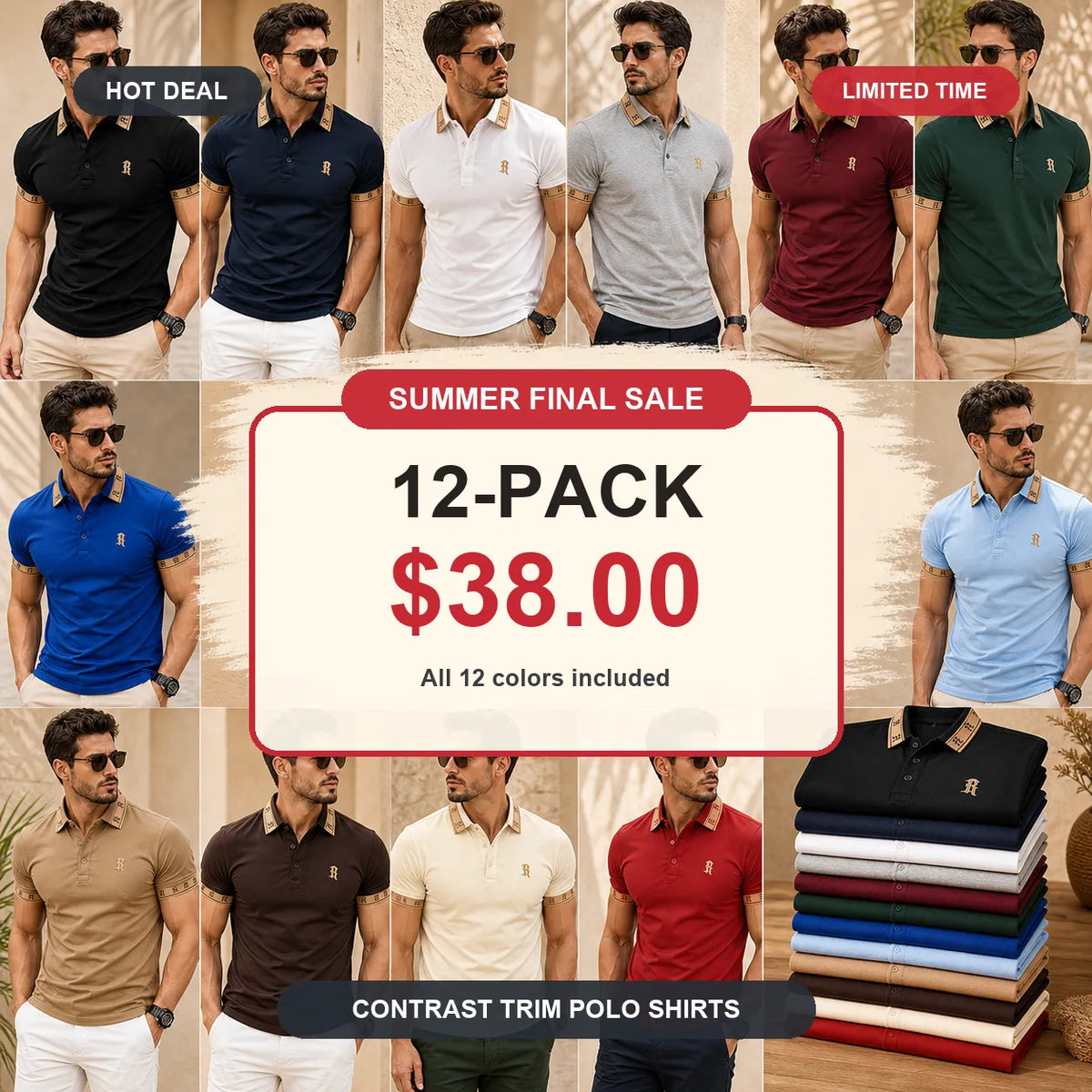 ⚡12 Pack for $38⚡- Men's Contrast Trim Monogram Short Sleeve Polo Shirt