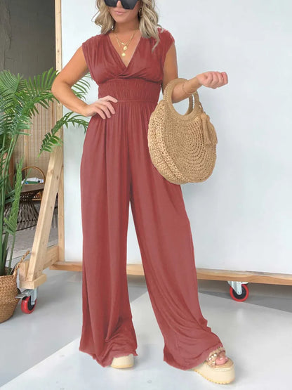 🔥V-Neckline Wide Leg Jumpsuit with Adjustable Back Tie