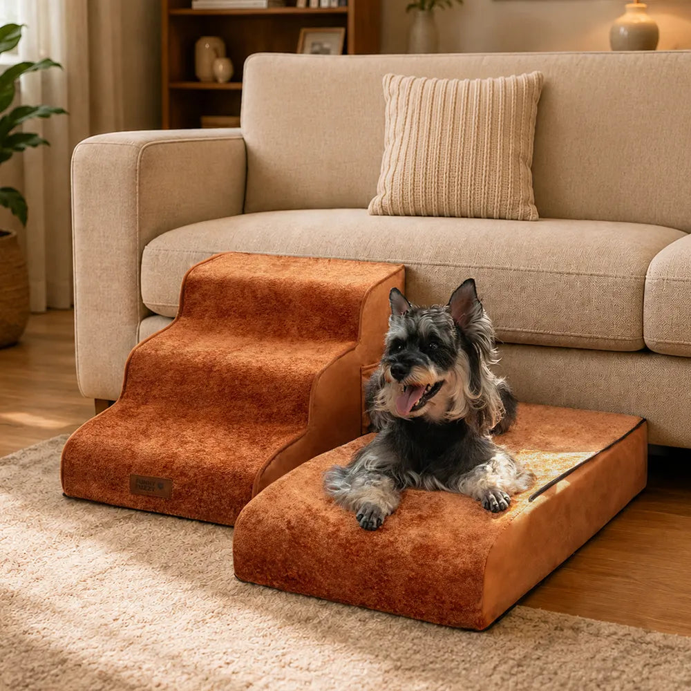 Plush Velvet 2-in-1 Foam Dog Stairs for Beds & Couches