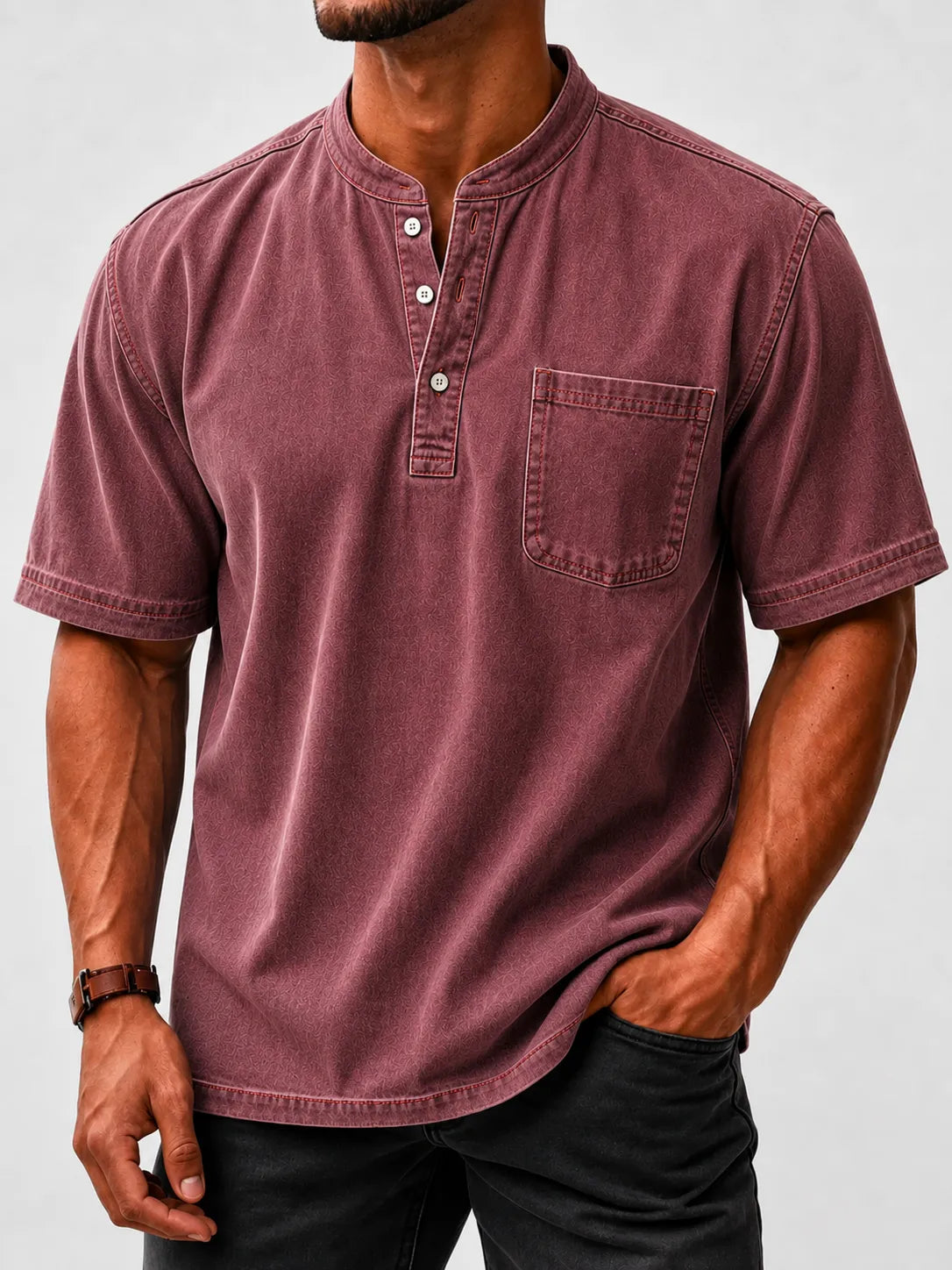 Limited Deal 8-Pack Men's Washed Stand Collar Henley Shirts, Short Sleeve Relaxed Fit Pocket Tops