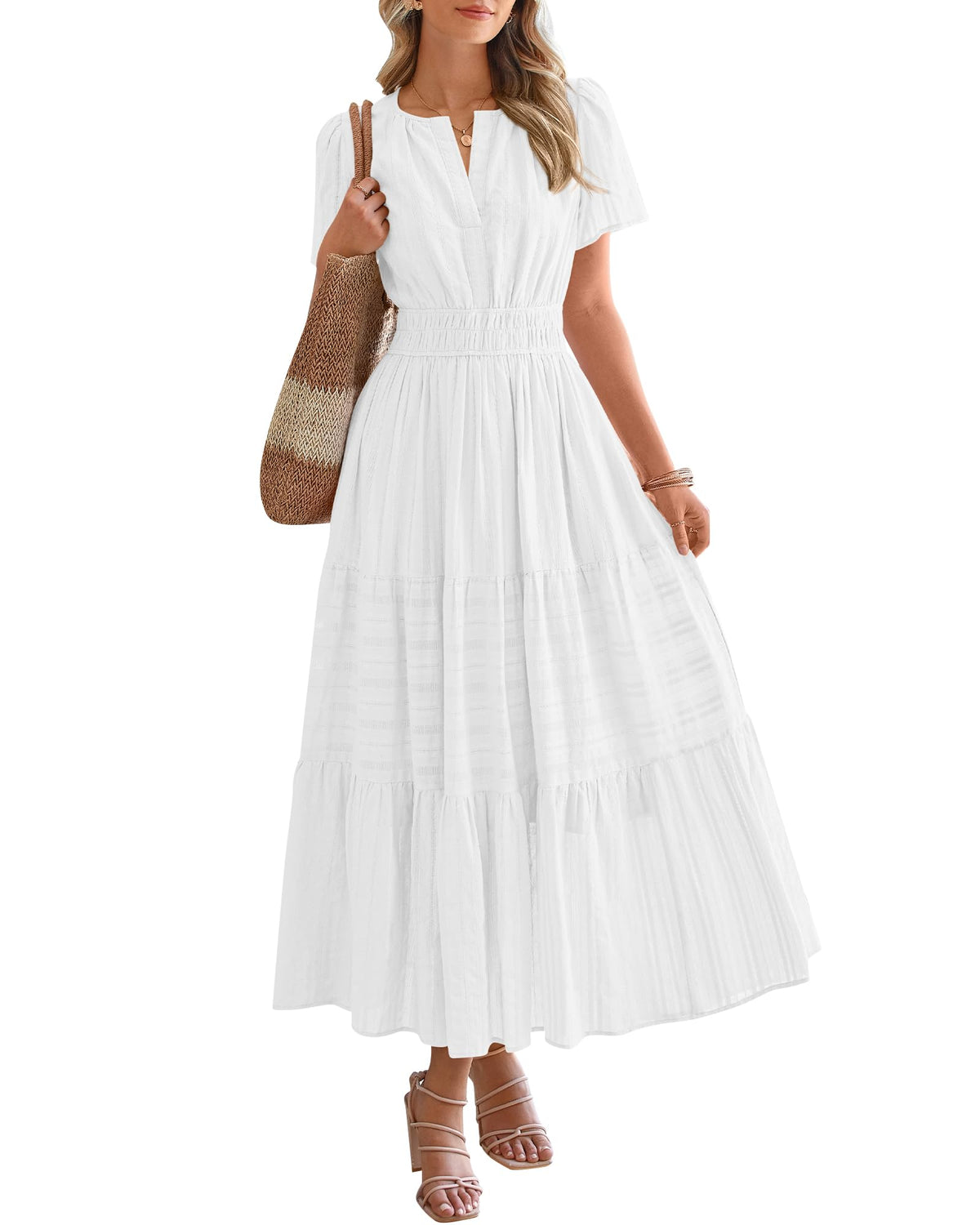 ⏰Summer Hot Sale 70% OFF🎉Women's Lightweight Short Sleeve V Neck Elastic Waist Dress