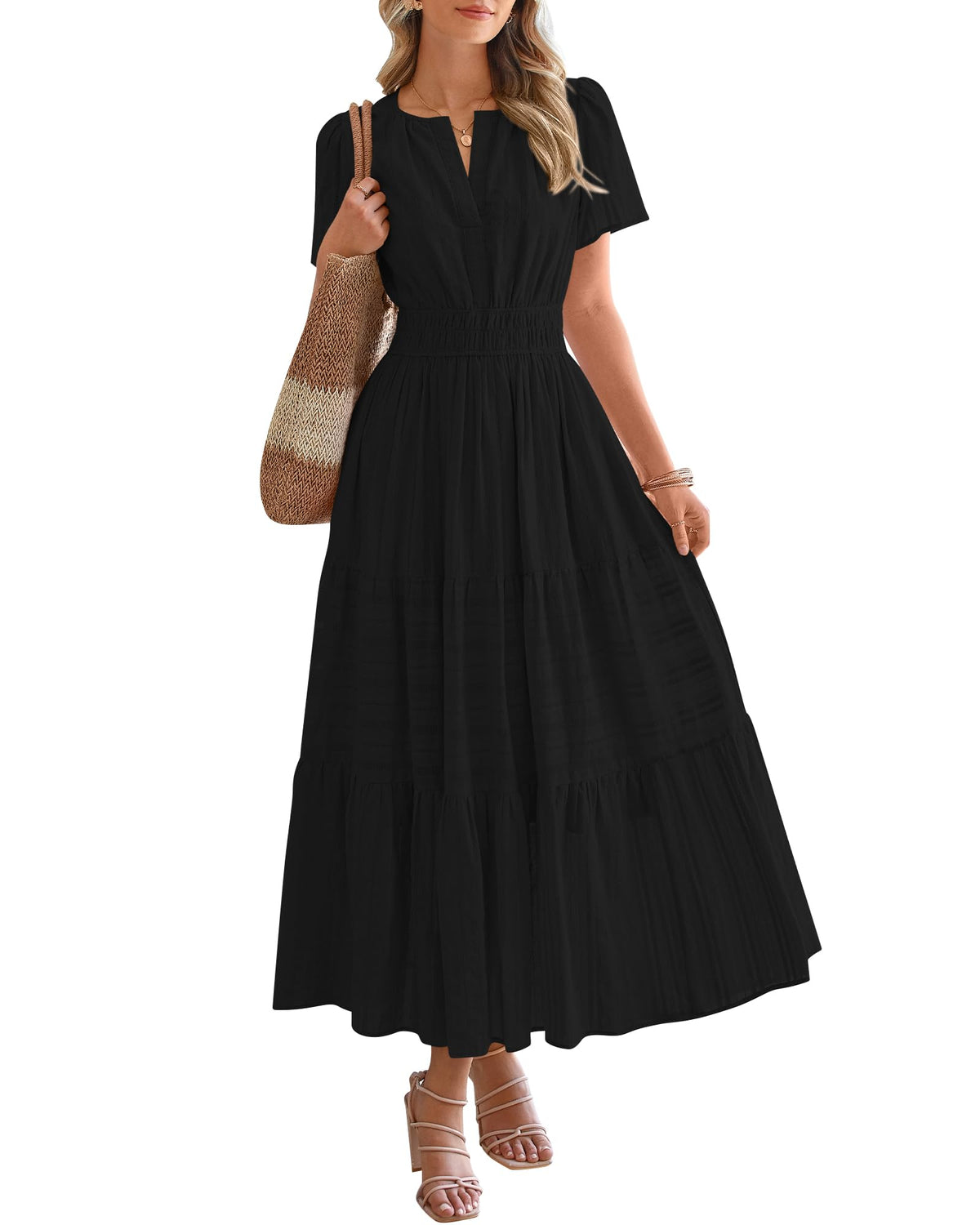 ⏰Summer Hot Sale 70% OFF🎉Women's Lightweight Short Sleeve V Neck Elastic Waist Dress
