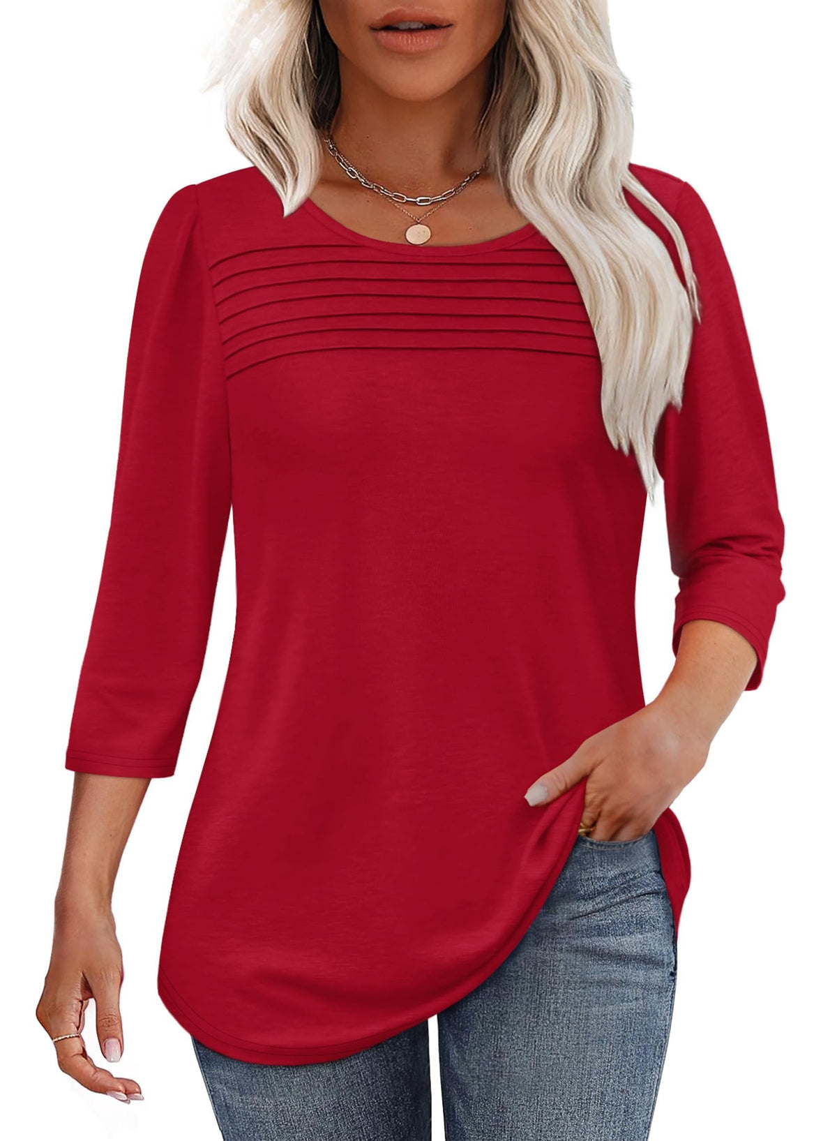 🔥Last Day 60% OFF🔥 2025 Women's 3/4 Length Sleeve Top Pleated Front T-Shirt